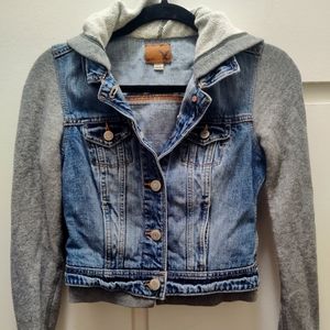 American Eagle XS Women's blue denim and grey hooded jacket